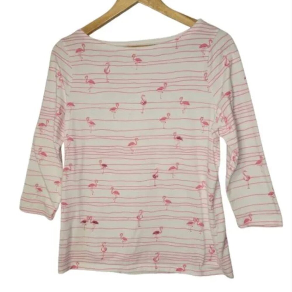 NEW ~ Talbots Pink and White 100% Cotton Sequined Flamingo 3/4 Sleeve Tee M 🦩